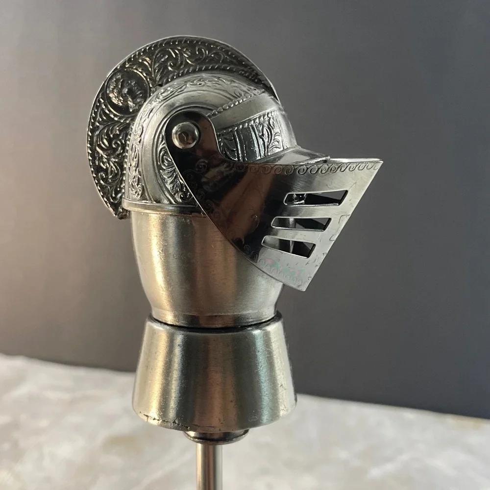 Vintage Medieval Knight Helmet Liquor Pourer Silver Metal Barware Movable Visor